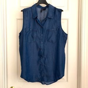 New Directions Sleeveless Button Down Top XL Denim like Blue Collar Pockets